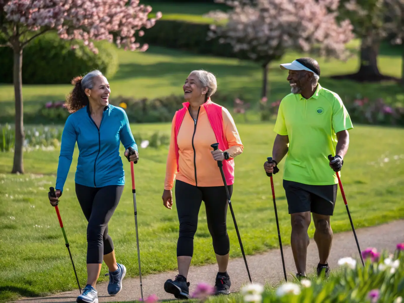 A group of people using Nordic walking poles in a park, demonstrating the proper technique and the social aspect of the activity. The image should convey a sense of health and community.
