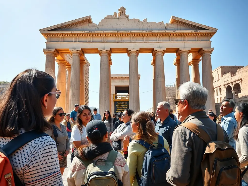 A group of participants listening to a guide in front of a historic monument surrounded by greenery, illustrating the heritage exploration activities of GODASSES ET SENTIERS.