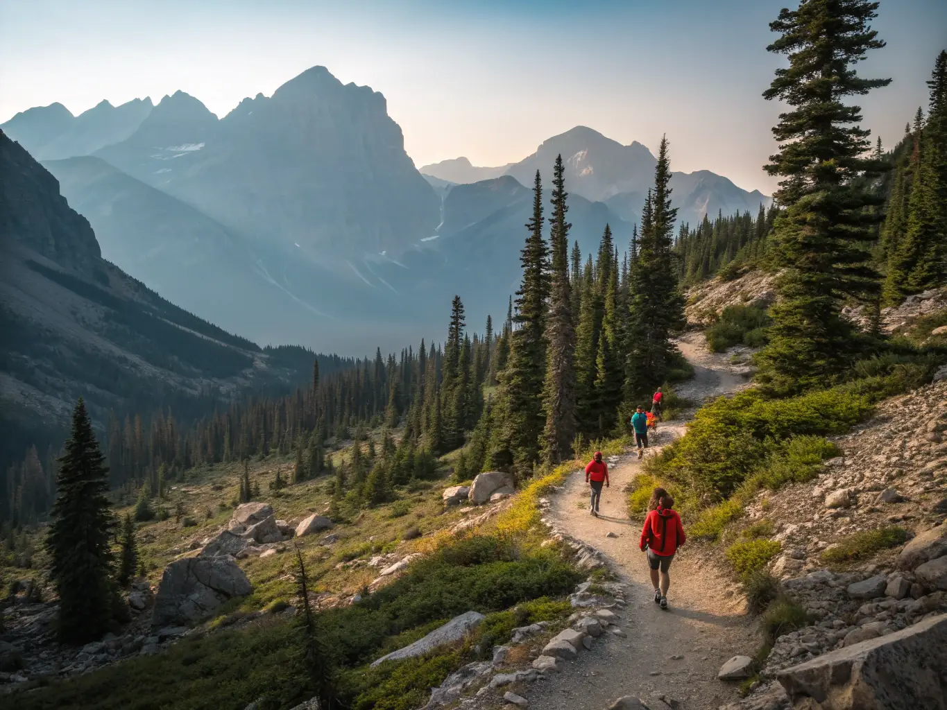A group of hikers ascending a lush trail with scenic views and a guide pointing out local flora and landmarks, showcasing the guided hiking tours offered by GODASSES ET SENTIERS.