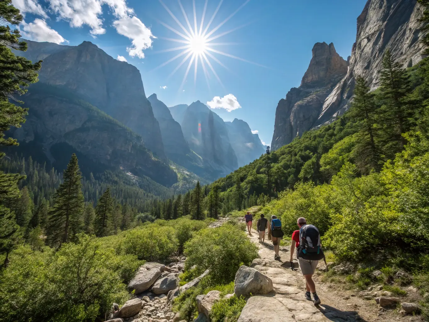 A group of hikers traversing a mountain trail at sunrise, showcasing the beauty of nature and the camaraderie of the group. The image should convey a sense of adventure and physical activity.