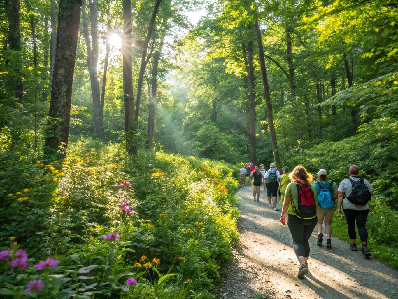 Participants using Nordic walking poles on a forest trail, smiling and engaging in the activity, representing the Nordic walking sessions organized by GODASSES ET SENTIERS.